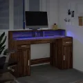 Bureau et lumières LED chêne marron bois d'ingénierie