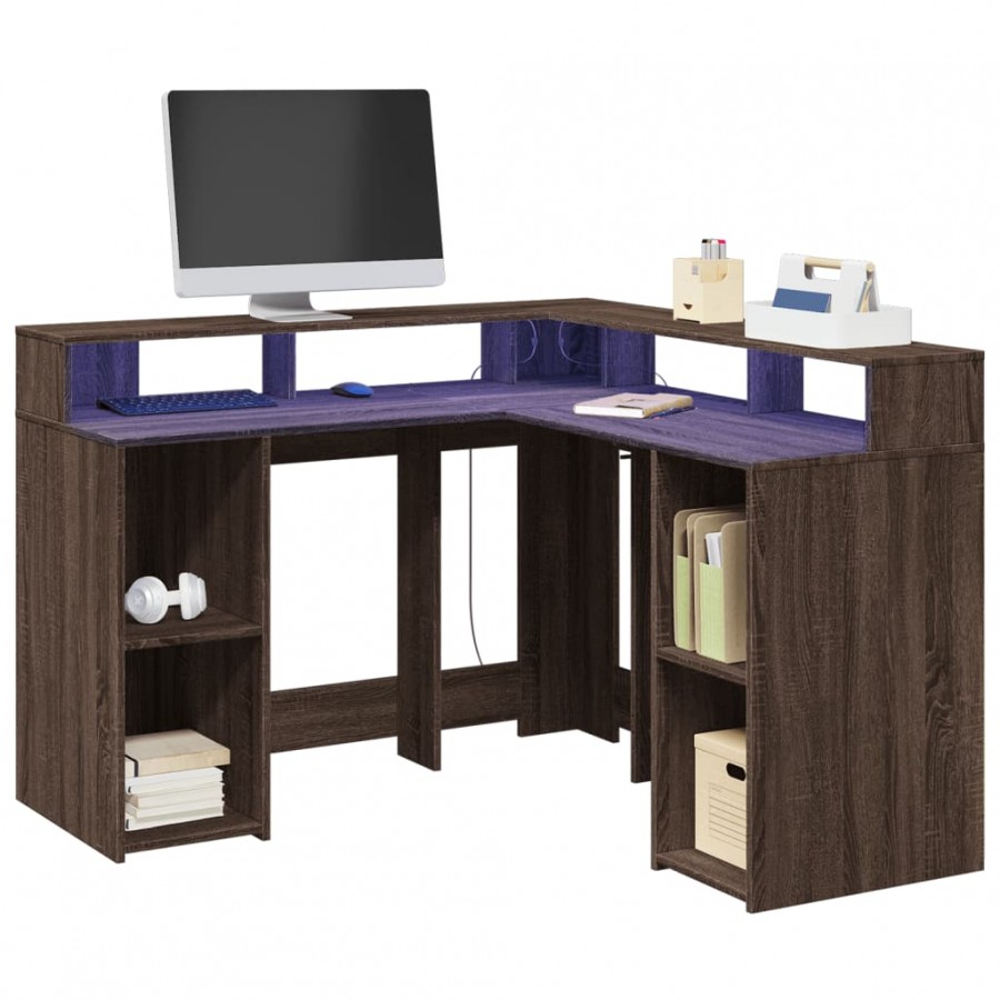 Bureau et lumières LED chêne marron bois d'ingénierie