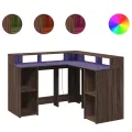 Bureau et lumières LED chêne marron bois d'ingénierie
