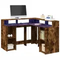 Bureau et lumières LED chêne fumé 130x130x91cm bois ingénierie