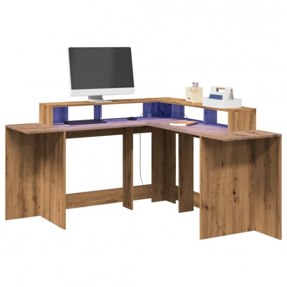 Bureau avec lumières LED chêne artisanal bois d'ingénierie