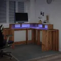 Bureau avec lumières LED chêne artisanal bois d'ingénierie