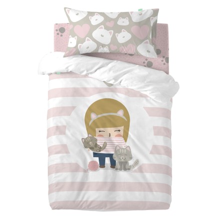 Duvet cover set HappyFriday Happynois Kitty Multicolour Baby Crib 2 Pi