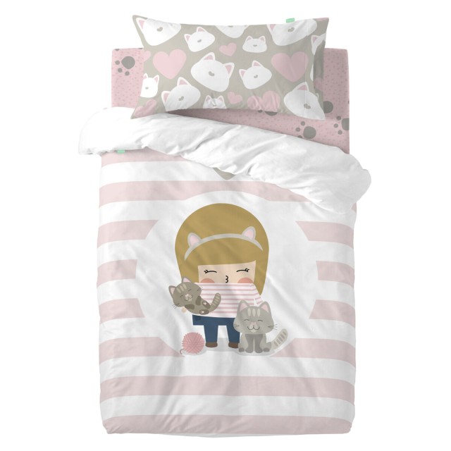 Duvet cover set HappyFriday Happynois Kitty Multicolour Baby Crib 2 Pi