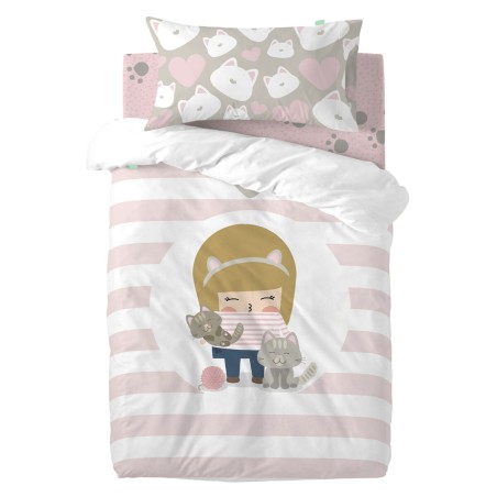 Duvet cover set HappyFriday Happynois Kitty Multicolour Baby Crib 2 Pi