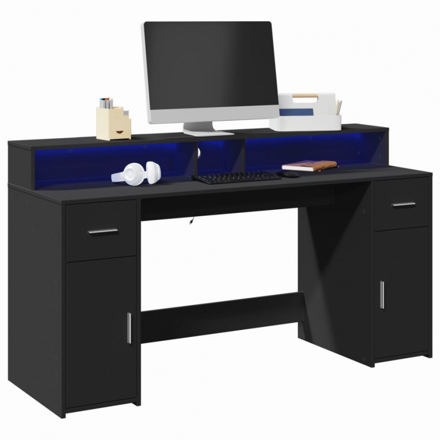 Bureau avec lumières LED noir 160x55x91 cm bois d'ingénierie