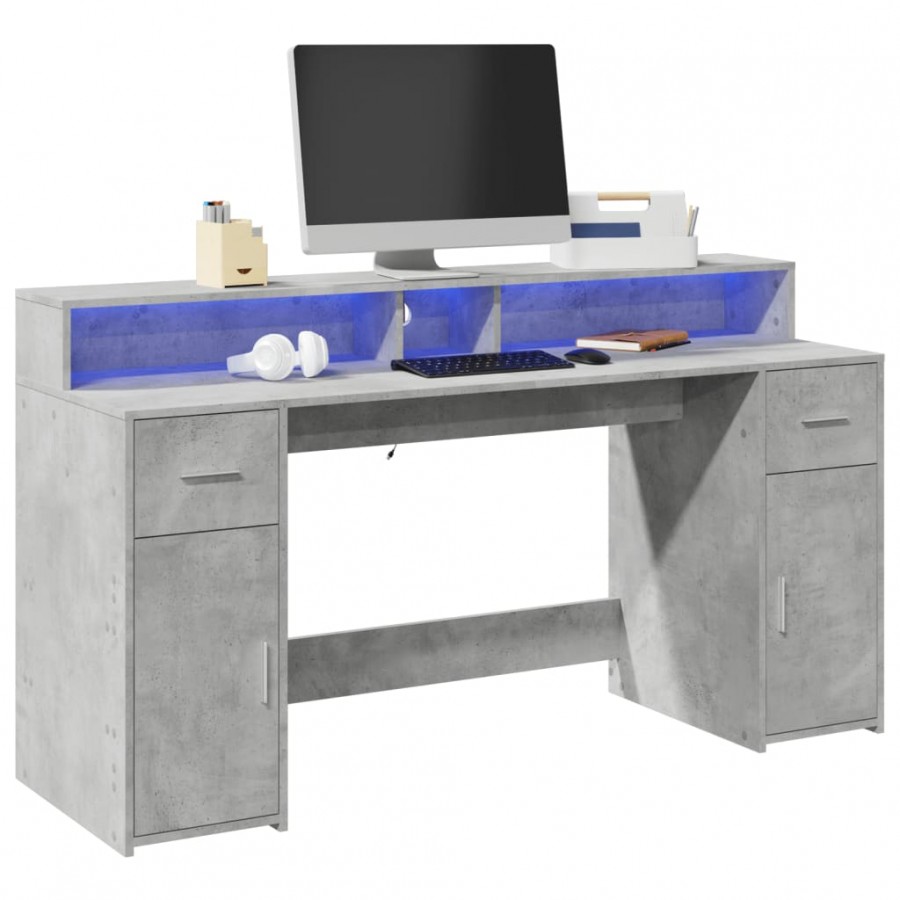 Bureau et lumières LED gris béton 160x55x91cm bois d'ingénierie