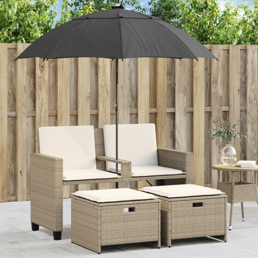 Canapé de jardin 2 places avec parasol et tabourets beige rotin