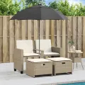 Canapé de jardin 2 places avec parasol et tabourets beige rotin