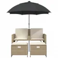 Canapé de jardin 2 places avec parasol et tabourets beige rotin