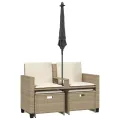 Canapé de jardin 2 places avec parasol et tabourets beige rotin