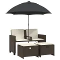 Canapé de jardin 2 places et parasol et tabourets marron rotin