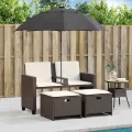 Canapé de jardin 2 places et parasol et tabourets marron rotin
