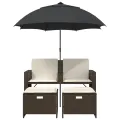 Canapé de jardin 2 places et parasol et tabourets marron rotin