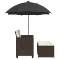 Canapé de jardin 2 places et parasol et tabourets marron rotin