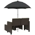 Canapé de jardin 2 places et parasol et tabourets marron rotin