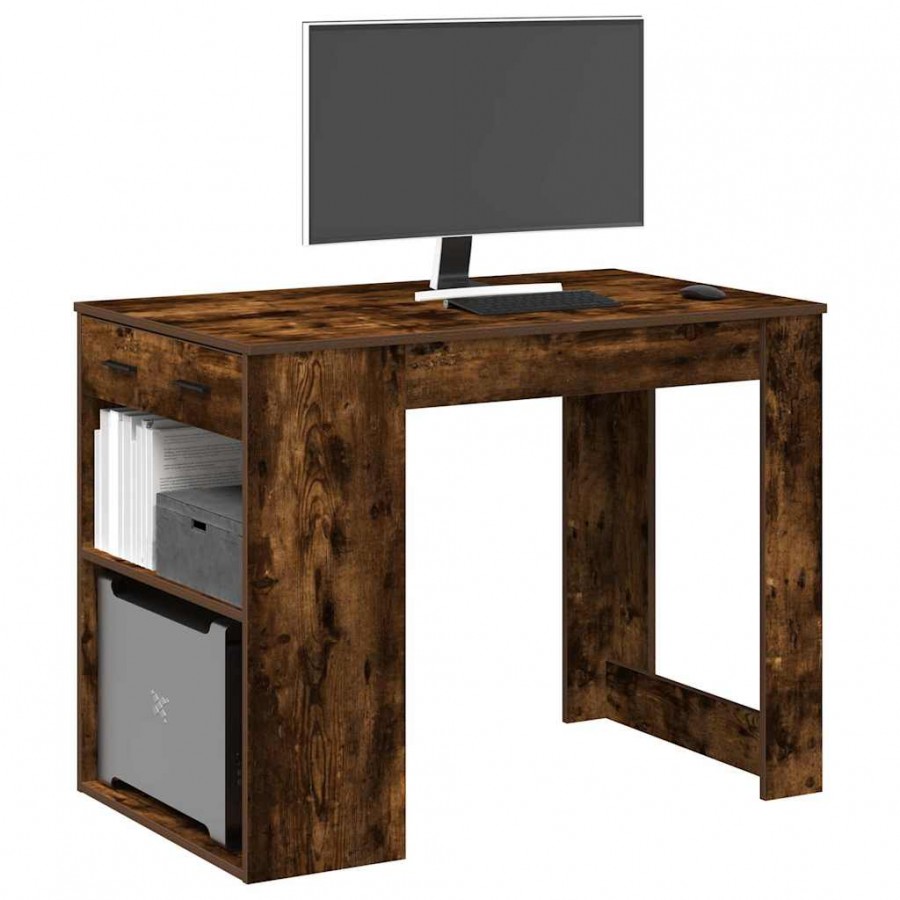 Bureau avec tiroir et étagère chêne fumé bois d'ingénierie