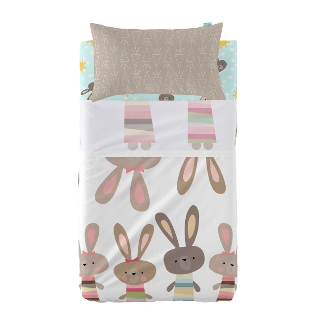 Jeu de draps HappyFriday Moshi Moshi Rabbit family Multicouleur Lit de