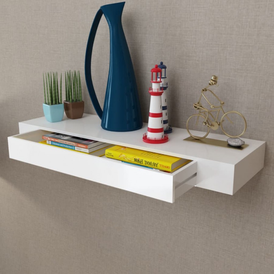 Étagère murale avec 1 tiroir MDF Blanc Rangement de livres/DVD