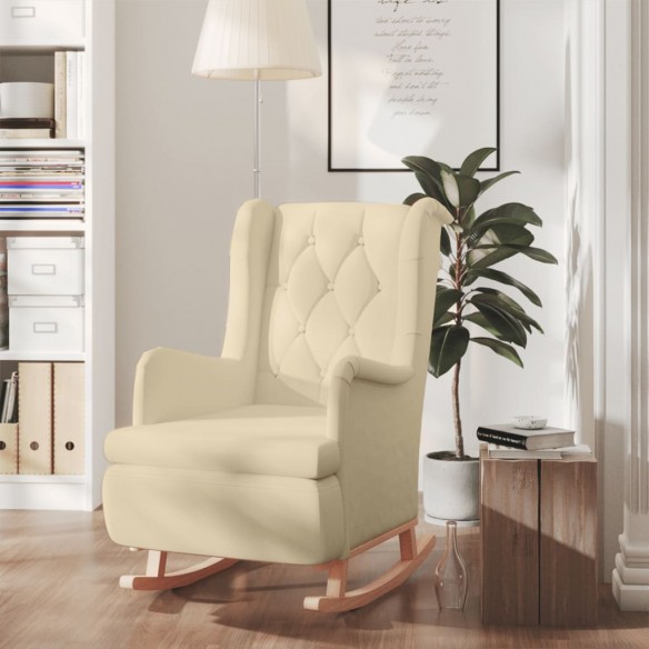 Fauteuil et pieds à bascule en bois d'hévéa solide crème Tissu