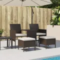Canapé de jardin 2 places avec table et tabourets marron rotin