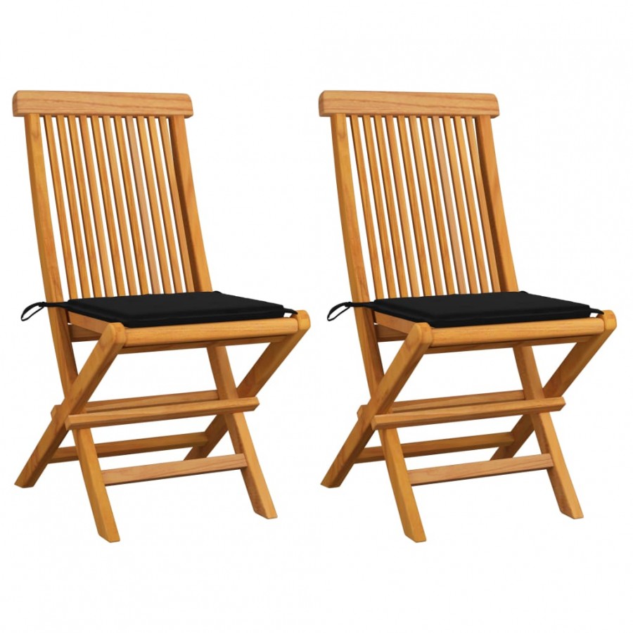 Chaises de jardin et coussins noir lot de 2 Bois de teck massif