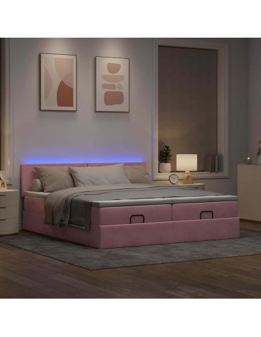 Cadre de lit ottoman avec matelas rose 160x200 cm velours