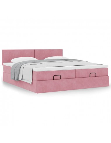 Cadre de lit ottoman avec matelas rose 160x200 cm velours