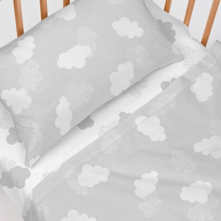 Set di Lenzuola HappyFriday Basic Kids Clouds Grigio Culla Neonato 2 P