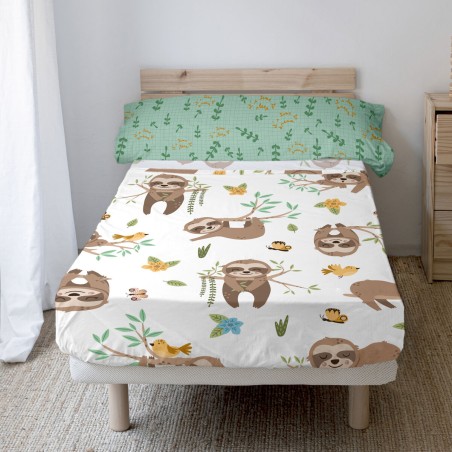 Jeu de draps HappyFriday Moshi Moshi Happy sloth Multicouleur Lit 1 pe