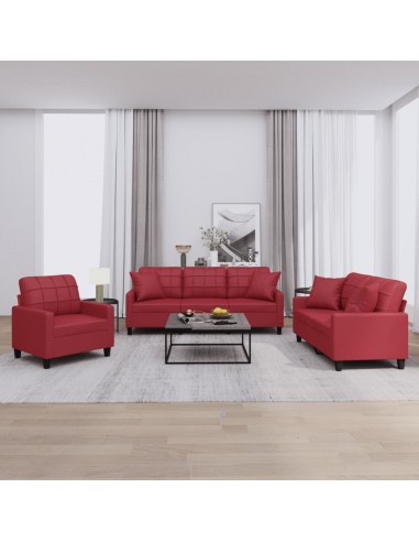 Ensemble de canapés 3 pcs et coussins rouge bordeaux similicuir