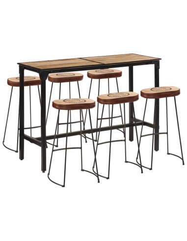 Ensemble de bar 7 pcs bois de manguier brut massif et métal