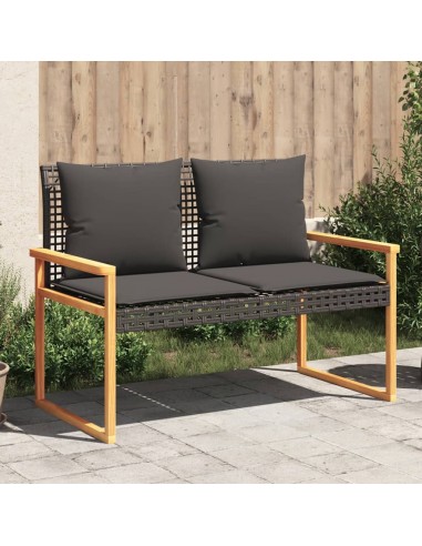 Banc de jardin avec coussin noir résine tressée et acacia