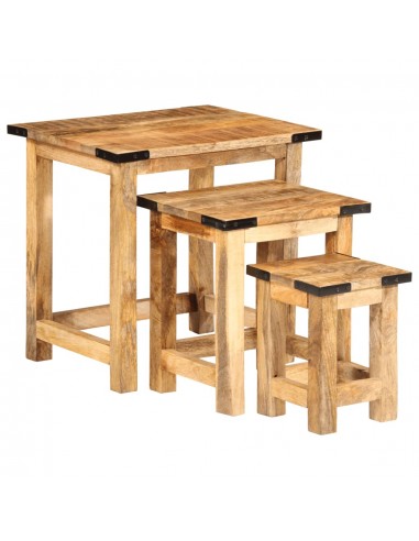 Tables d'appoint gigognes 3 pcs bois de manguier massif brut