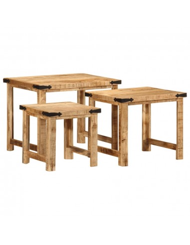 Tables d'appoint gigognes 3 pcs bois de manguier massif brut