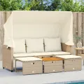 Canapé de jardin 3 places avec auvent et tabourets beige rotin