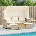 Canapé de jardin 3 places avec auvent et tabourets beige rotin