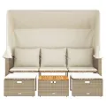 Canapé de jardin 3 places avec auvent et tabourets beige rotin