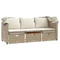 Canapé de jardin 3 places avec auvent et tabourets beige rotin