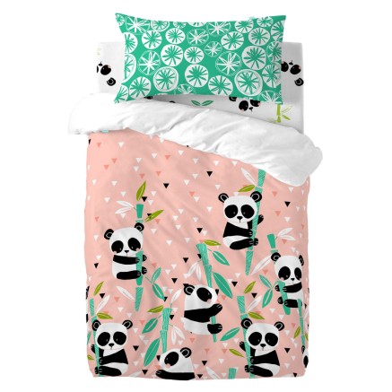 Duvet cover set HappyFriday Moshi Moshi Panda Garden Pink Baby Crib 2
