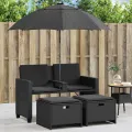 Canapé de jardin 2 places avec parasol et tabourets noir rotin