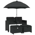 Canapé de jardin 2 places avec parasol et tabourets noir rotin