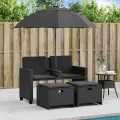Canapé de jardin 2 places avec parasol et tabourets noir rotin