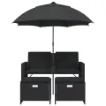 Canapé de jardin 2 places avec parasol et tabourets noir rotin