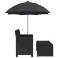 Canapé de jardin 2 places avec parasol et tabourets noir rotin