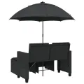 Canapé de jardin 2 places avec parasol et tabourets noir rotin