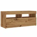 Meuble TV avec lumières LED chêne artisanal bois d'ingénierie