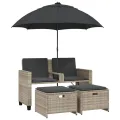 Canapé de jardin 2 places et parasol tabourets gris clair rotin