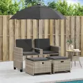 Canapé de jardin 2 places et parasol tabourets gris clair rotin