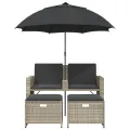 Canapé de jardin 2 places et parasol tabourets gris clair rotin